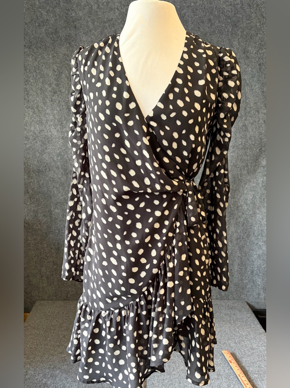 FAVLUX Wrap Dress Women S Black White Polka Dot Ruffle Hem V-Neck FL200741